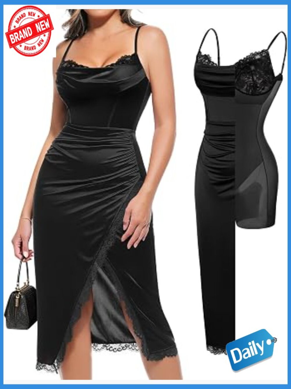 Satin Ruched Midi Cocktail Dress with Shapewear and Lace Bra